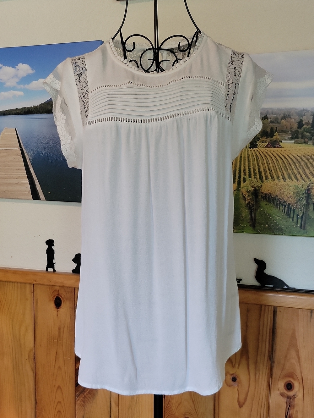 Daniel Rainn White Lace Yoke Flutter Sleeve Blouse